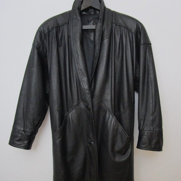 Fierce Black Leather 80s Duster Coat Oversized Wedge Korea Outerwear - Picture 12 of 12